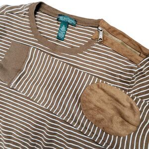 Ralph Lauren Shirt XL Womens Brown Striped Long Sleeve Elbow Patch Shoulder Zip‎